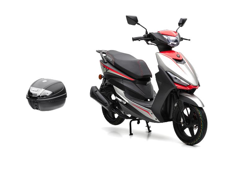 Rot-silberner Roller mit einer schwarzen Aufbewahrungsbox daneben.