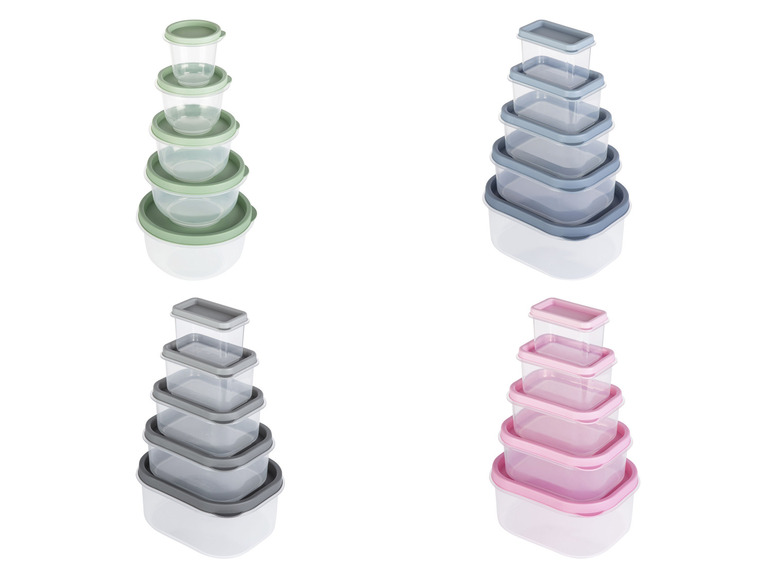 Vier Sets mit verschiedenen Farben von Plastikbehältern.