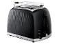 Schwarzer Toaster mit texturiertem Gehäuse und Metallakzenten, mit Brötchenaufsatz.
