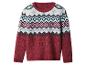 Roter Fair Isle Pullover mit weißen, blauen und roten geometrischen Mustern.