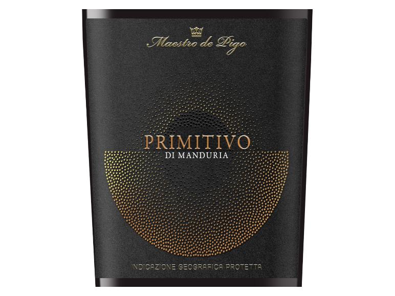 Schwarze Weinflasche mit goldenem Primitivo di Manduria Etikett und goldenen Punkten.