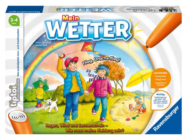 Ravensburger tiptoi Spiel „Mein Wetter“ für 3-4 Jahre, über Wetter und Kleidung.