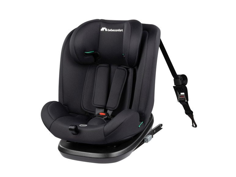 Ein schwarzer BeSafe Autositz mit einem 5-Punkt-Gurt.