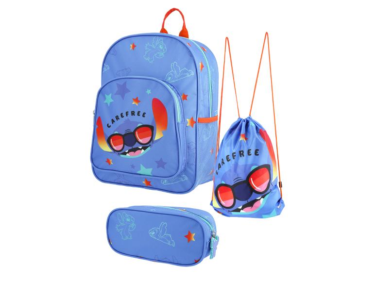 Blauer Rucksack, Turnbeutel und Federmäppchen mit Cartoon-Figur mit Sonnenbrille und „CAREFREE“-Schriftzug.