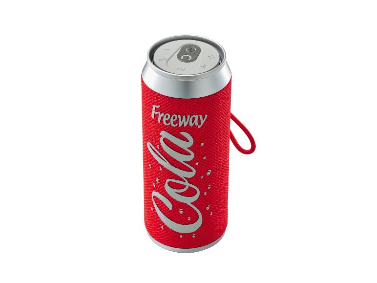 Roter tragbarer Lautsprecher in Form einer Getränkedose mit „Freeway Cola“-Aufschrift und Schlaufe.