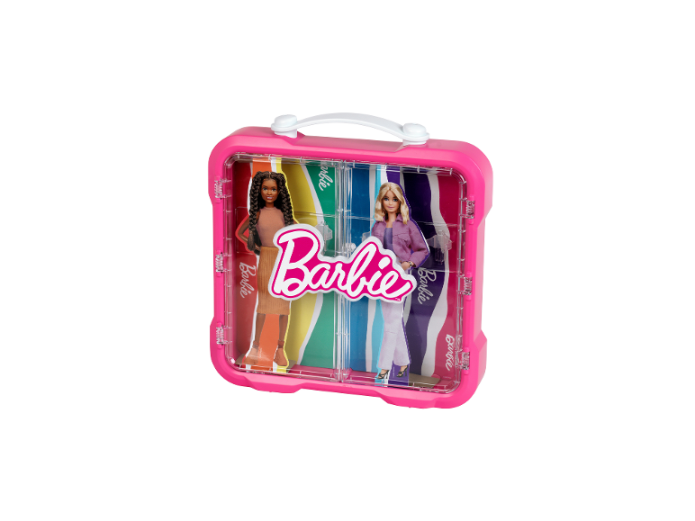 KLEIN Barbie-Vitrinenkoffer mit leuchtendem Logo für 4 Puppen.