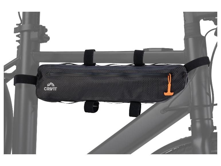 Schwarze Crivit Fahrradtasche am Rahmen.
