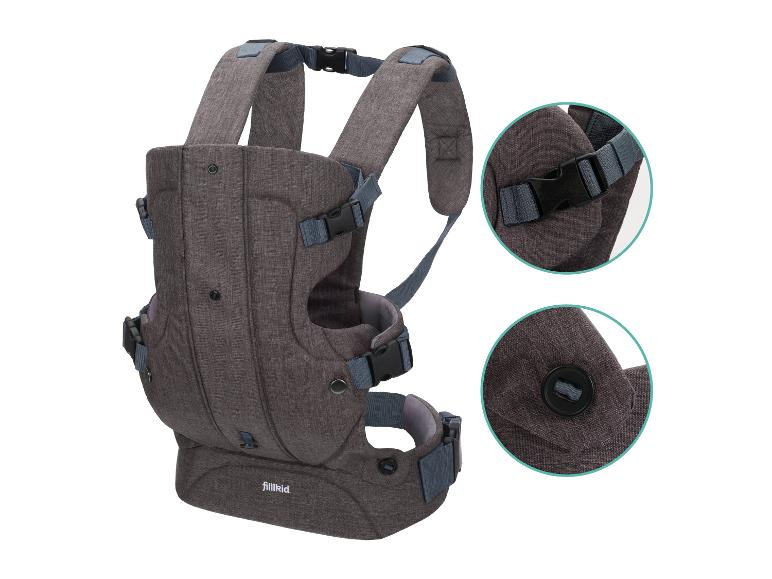 Fillikid Babytrage in Grau mit Detailansichten von Schnallen und Knöpfen.