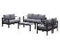 Gartenmöbel-Set aus schwarzem Metall mit grauen Kissen, bestehend aus einem Sofa, zwei Sesseln und einem Couchtisch.