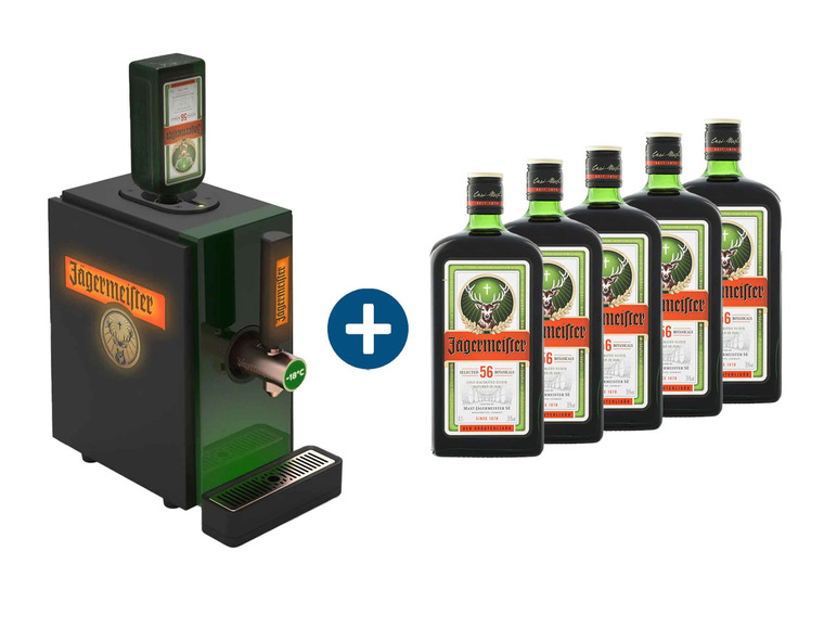 Jägermeister Zapfanlage mit sechs Flaschen Jägermeister.