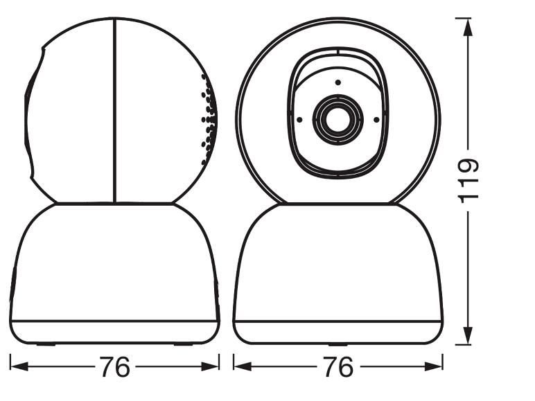 Maßzeichnung einer Überwachungskamera mit 76 mm Breite und 119 mm Höhe.