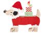 Weihnachtsdekoration aus Holz: Hund mit Weihnachtsmütze und Geschenken auf dem Rücken.