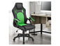 Ein schwarzer und grüner Gaming-Stuhl in einem Büro mit einem Schreibtisch und einem Computer.