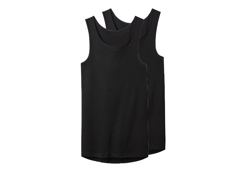 Zwei schlichte schwarze Tanktops, hintereinander positioniert.