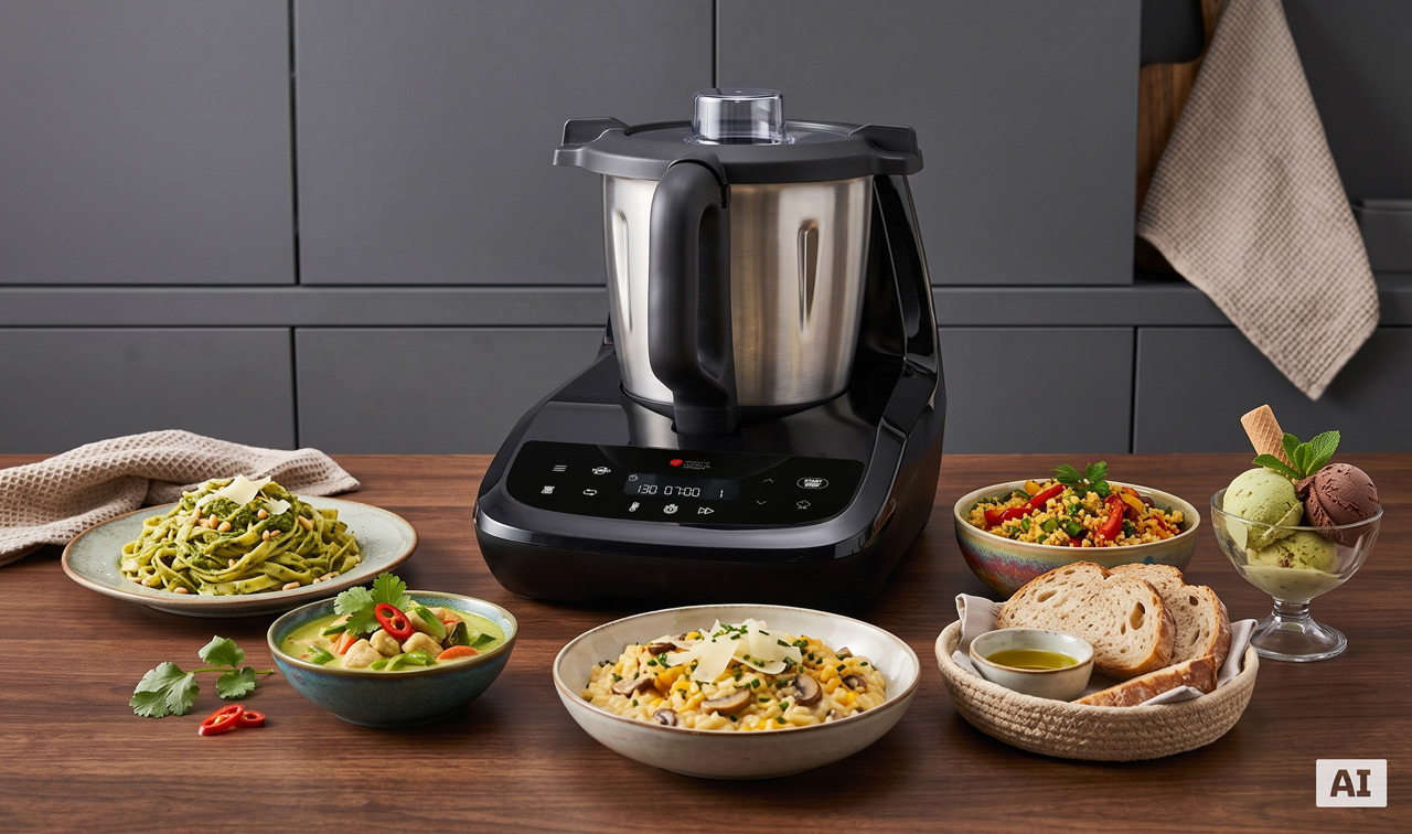 Monsieur Cuisine compact umgeben von einer großen Auswahl an appetitlich angerichteten Gerichten, wie Suppe, Salat, Pasta und Brot. (Mit KI-Wasserzeichen)