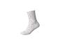 Weiße Socke mit roten Kreismustern.