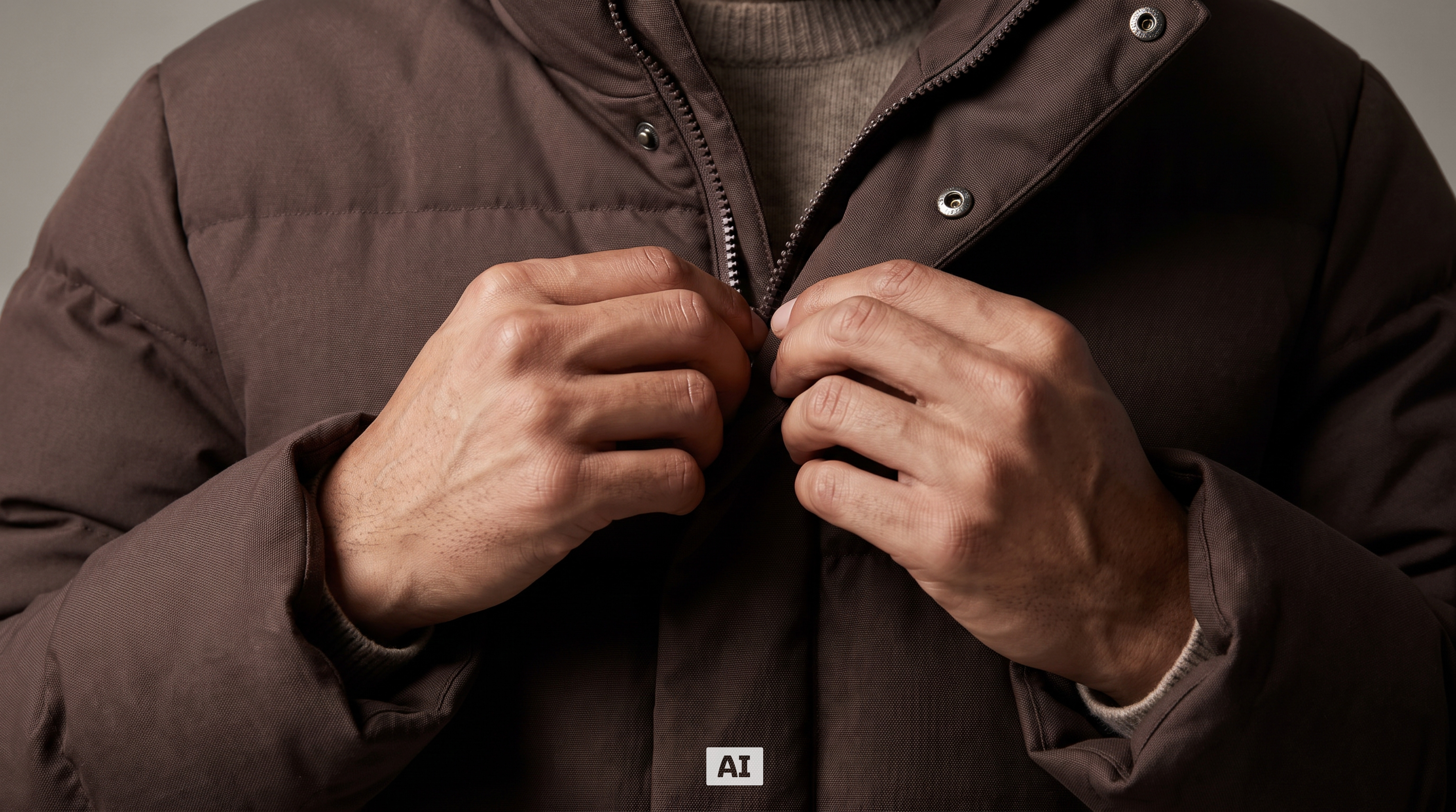 Dieses Bild ist KI-generiert: Ein männliches Model trägt die Daunenjacke in der Farbe Braun.
