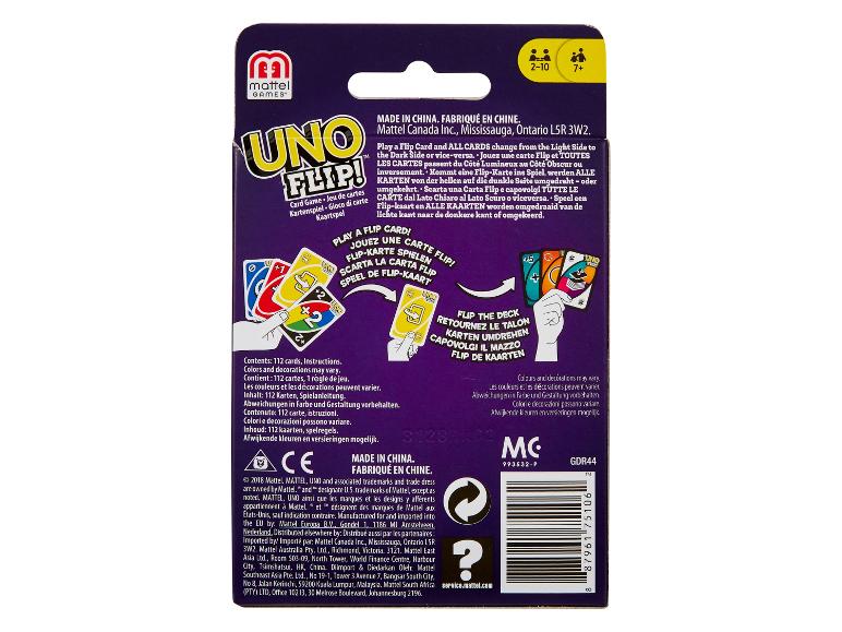 Rückseite einer Kartenspielverpackung mit Spieleranzahl (2-10), Alter (7+) und mehrsprachigen Informationen.