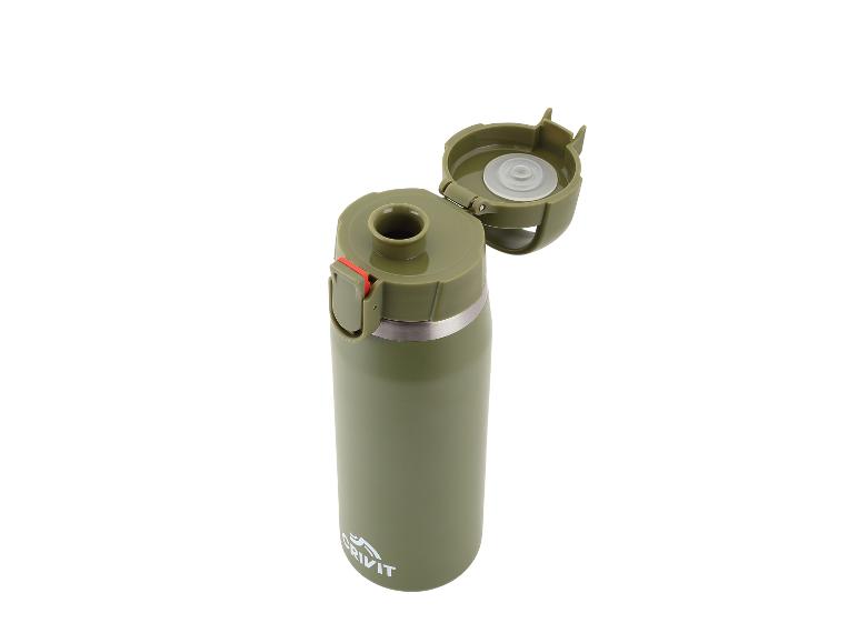 Olivgrüne Thermosflasche mit offenem Deckel und rotem Verschluss