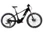 Schwarzes E-Mountainbike mit grünen und weißen Akzenten, Offroad-Reifen.