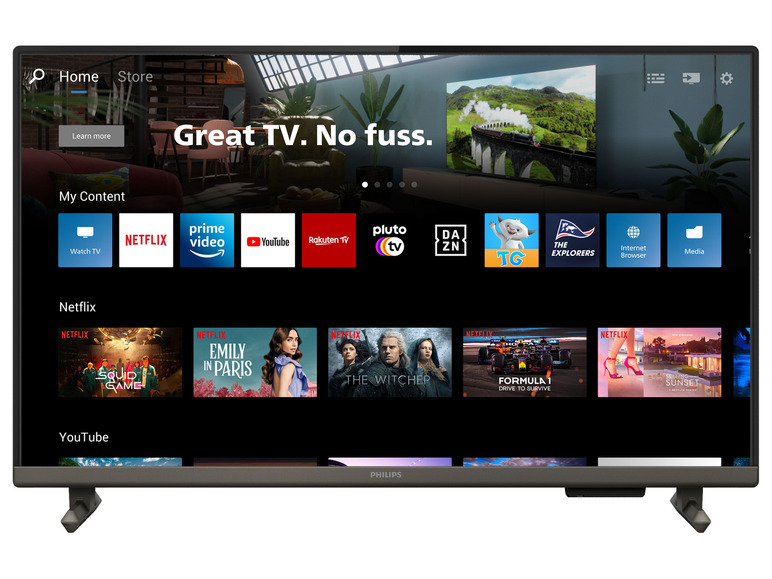 Ein Philips Fernseher mit Netflix, Prime Video, YouTube und Pluto TV