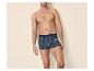 Mann in gemusterter Boxershorts vor schlichtem Hintergrund.