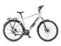 Weißes E-Bike mit schwarzen Elementen und Gepäckträger.