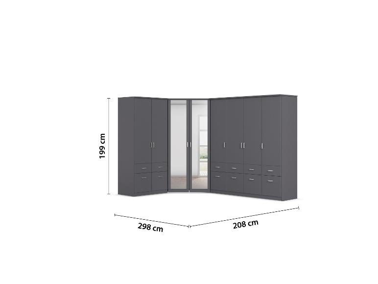 Grauer Eckkleiderschrank mit Spiegeln, 199 cm hoch, 298 cm breit und 208 cm tief.