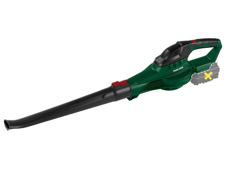 Grüner und schwarzer Akku-Laubbläser mit langer Düse und rotem Knopf