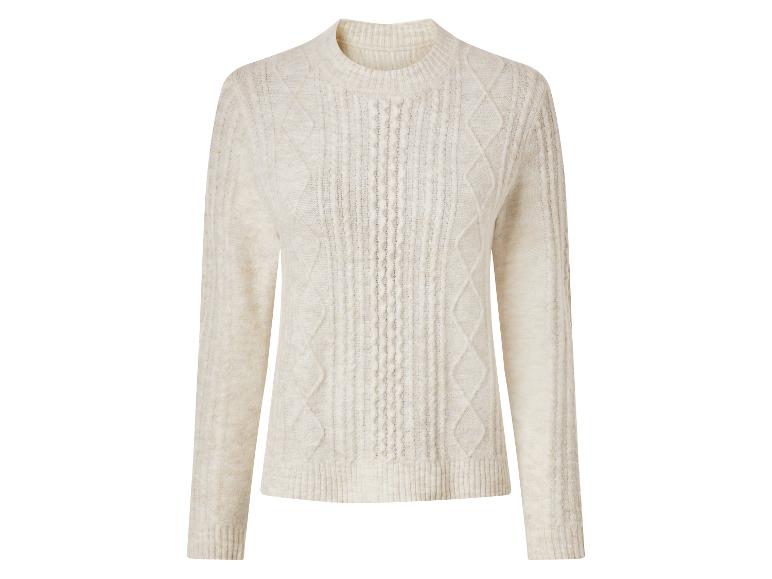 Cremefarbener Strickpullover mit Zopfmuster.