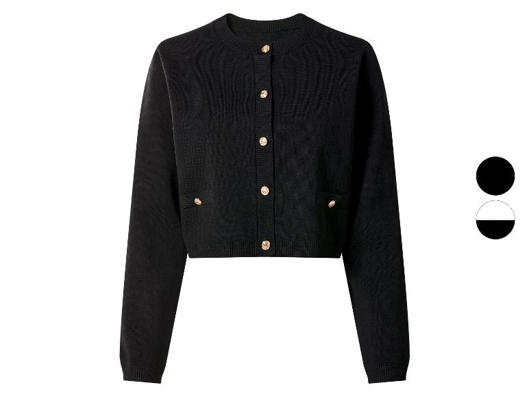Schwarze kurze Strickjacke mit goldenen Knöpfen und Ziertaschen