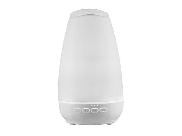 Weißer Aroma-Diffusor mit Bedientasten für Licht, Timer und Nebel