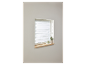 Fenster mit weißen Tag- und Nachtrollos, einer Pflanze und einer Tasse auf der Fensterbank.