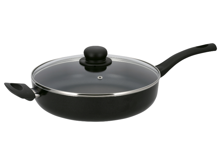 Schwarze Pfanne mit Glasdeckel.