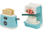 Spielzeug-Toaster mit Toastscheiben und Kaffeemaschine mit leuchtenden Lichtern und Tasse.