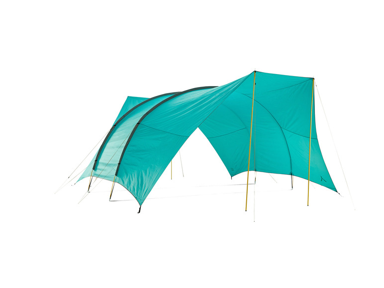 Ein türkisfarbenes Zelt mit einem auffälligen Design zum Campen.