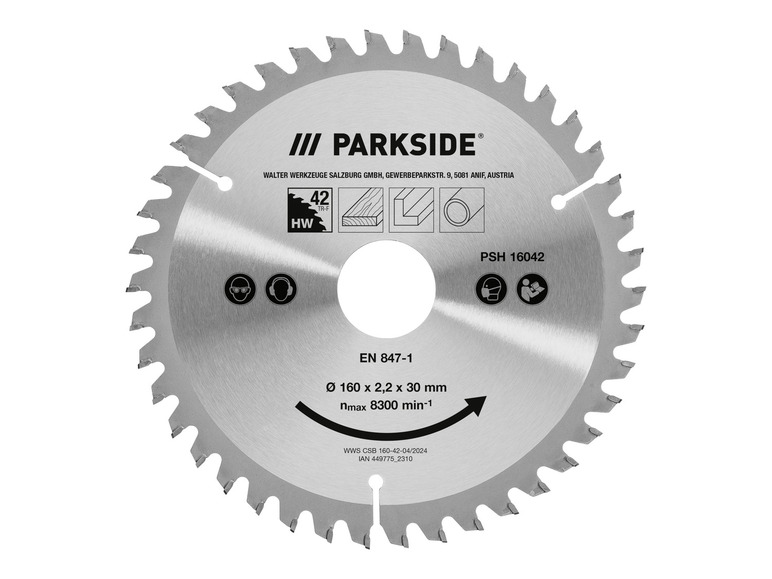 Ein 160 mm Sägeblatt für Holz von Parkside, mit einer maximalen Geschwindigkeit von 8300 Umdrehungen pro Minute.