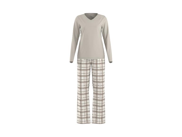 Beiges Langarm-Pyjama-Oberteil mit karierter Hose.