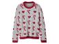 Grauer Pullover mit einem Muster aus roten Herzen und Zuckerstangen.