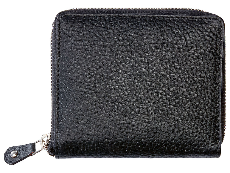 Eine schwarze Lederbörse mit Reißverschluss.