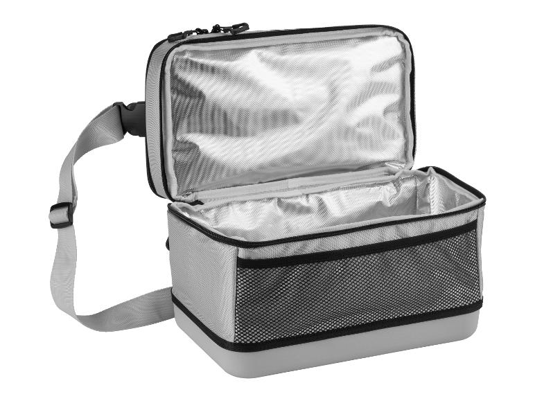 Offene graue Kühltasche mit Schultergurt und Netztasche.