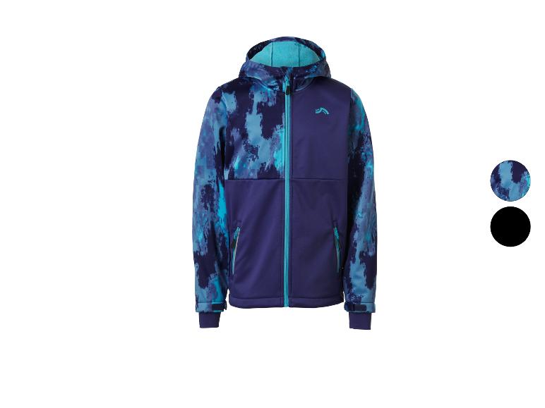 Kinder-Softshelljacke im blau-violetten Camouflage-Print mit Kapuze und Reißverschluss