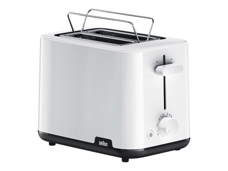 Weißer Toaster mit Schlitzen und Bräunungsreglern