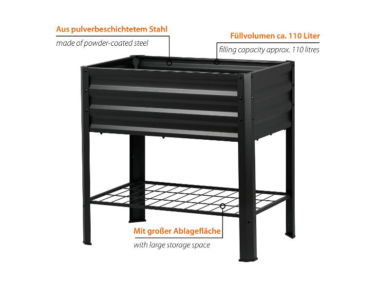 Schwarzes Hochbeet aus pulverbeschichtetem Stahl mit 110 Liter Füllvolumen und Ablagefläche.