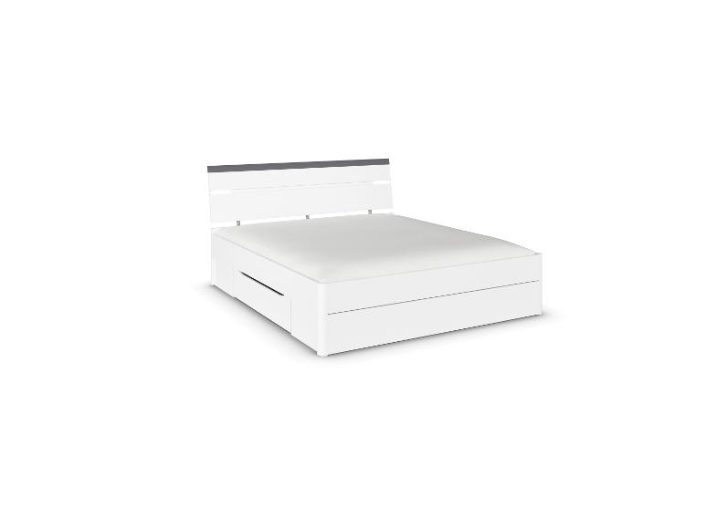 Weißes Doppelbett mit grauem Kopfteil und integrierten Schubladen.