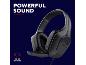 Schwarze Gaming-Kopfhörer mit Mikrofon, Text „POWERFUL SOUND“ und „50MM DRIVERS“.