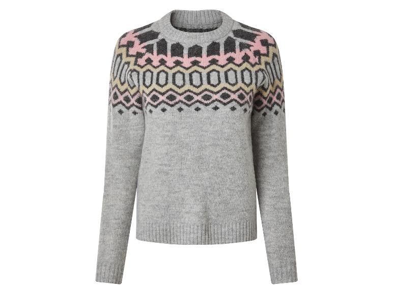 Grauer Damenpullover mit rosa, gelbem und dunkelgrauem Fair Isle Muster.