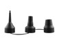 Drei schwarze Inflatordüsen für eine Luftpumpe.