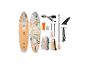 Zwei Stand-Up-Paddle-Boards mit Blumendesigns, Paddel, Pumpe, Finne, Leine und Taschen.
