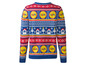 Ein blauer Weihnachtspullover mit Lidl-Logos und Weihnachtsmotiven.